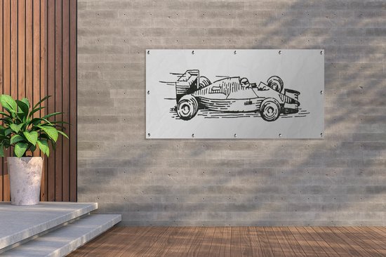 Une illustration noir et blanc de l'affiche de jardin de la voiture de course de Formule 1 160x80 cm - Toile de jardin / Toile d'extérieur / Peintures d'extérieur (décoration de jardin)