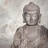 Tuinposter - Boeddha / Beeld - Boeddhabeeld in grijs / beige / wit / zwart - 160 x 160 cm.
