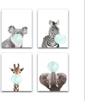 Schilderij  Set 4 Zebra Giraf Koala Olifant met Groene Kauwgom - Kinderkamer - Dieren Schilderij - Babykamer / Kinder Schilderij - Babyshower Cadeau - Muurdecoratie - 40x30cm - Fra