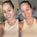 Vrouw met bruin haar in een beige tanktop, vergelijking voor en na face tan.
