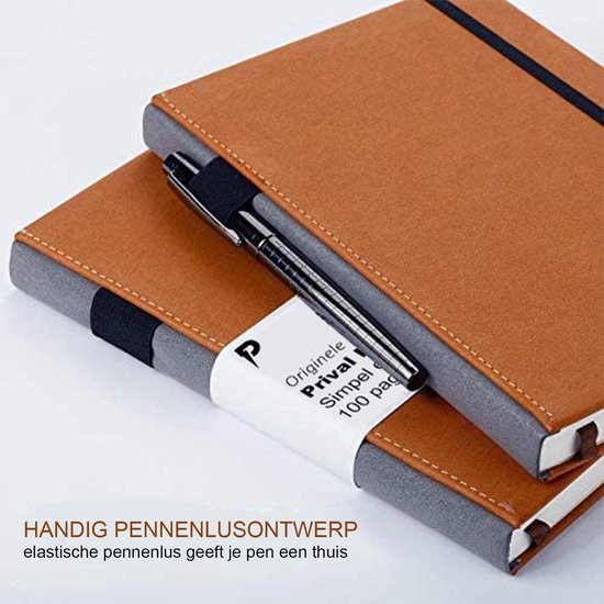 Bruine bullet journals met een grijze rand en een zwarte pennenhuls. "Handig pennenlusontwerp."