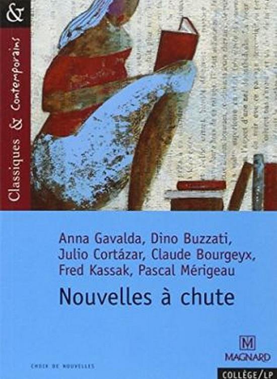 Couverture de livre avec une illustration abstraite d'une personne assise lisant un livre, intitulée "Nouvelles à chute".