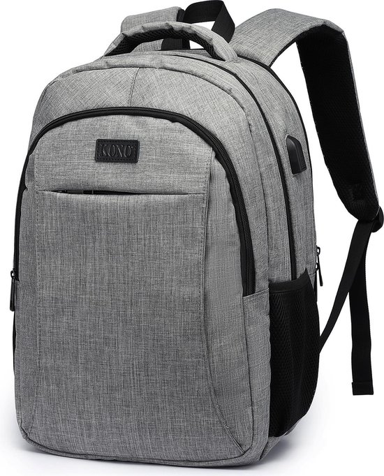 Kono Backpack - Laptop Bag 15,6 pouces - Sac à dos pour femme/homme - Cartable avec port USB et antivol - 28L - Résistant à l'eau - Grijs