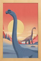 JUNIQE - Poster met houten lijst Brachiosaurus -13x18 /Blauw & Oranje