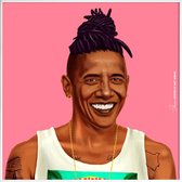 JUNIQE - Poster met kunststof lijst Obama -50x50 /Bruin & Roze
