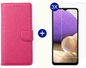 BixB Samsung A32 5G hoesje - Met 3x screenprotector / tempered glass - Book Case Wallet - Roze