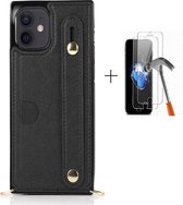 GSMNed - Leren telefoonhoesje zwart - Luxe iPhone 7/8/SE hoesje - iPhone hoes met koord - telefoonhoes 7/8/SE met handvat - zwart - 1x screenprotector iPhone 7/8/SE