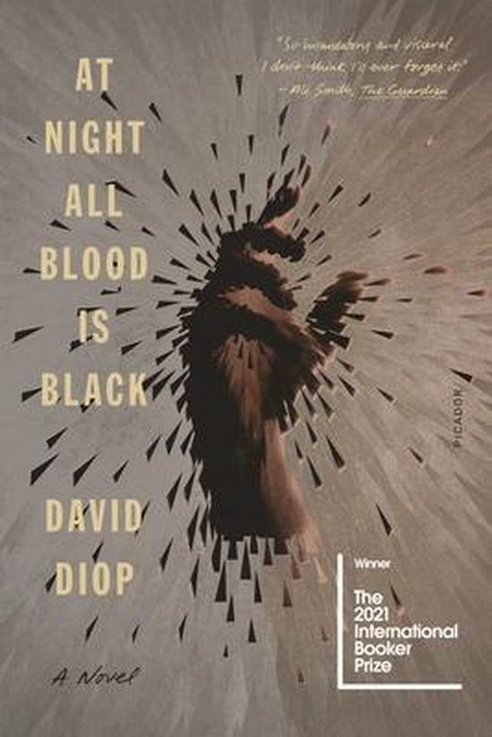 Boekomslag van "At Night All Blood Is Black" door David Diop met een zwarte hand die omhoog reikt tegen een explosie van grijze en beige lijnen.