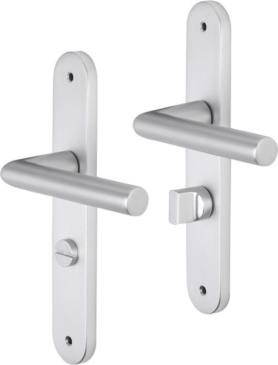 Zilverkleurige deurklink zonder en met toiletsluiting op ovaal schild.