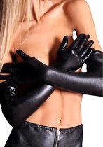 Long Wetlook Gloves - Black - Maat S/M