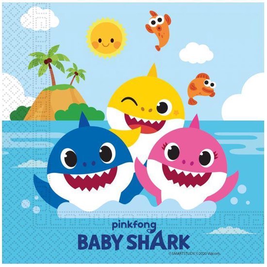 Blauwe, gele en roze Baby Shark met vissen en zon.
