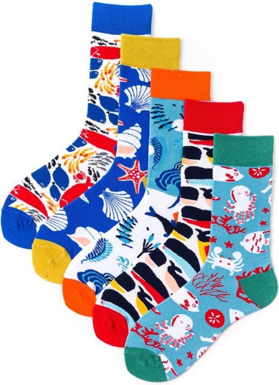 5 paar sokken met zee/oceaan thema - Zeester, Krabben, Vissen, Schelpen -  Grappig dames sokken maat 37 tot 41