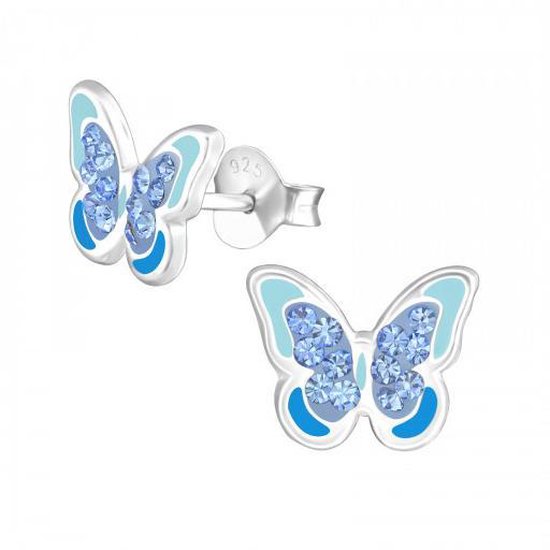 Oorbellen meisje zilver | Zilveren oorstekers, blauwe vlinder met kristallen
