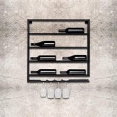 KEK Wonen Metalen Wijnrek - Muur - Zwart - Dubbel - 8 flessen - Inclusief Glazenrek - 75 × 75 × 10 cm