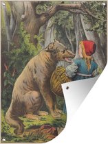 Tuinschilderij Illustratie van een wolf en een meisje - 60x80 cm - Tuinposter - Tuindoek - Buitenposter