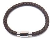 Dielay - Armband Dames - Gevlochten Leer / Leder - Sluiting RVS - Lengte 19 cm - Bruin