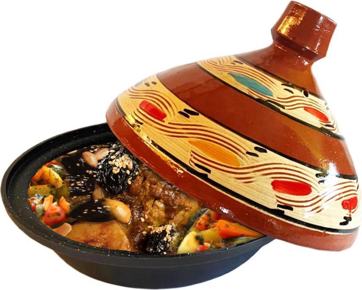Tajine van aardewerk en gegoten aluminium, ook geschikt voor
