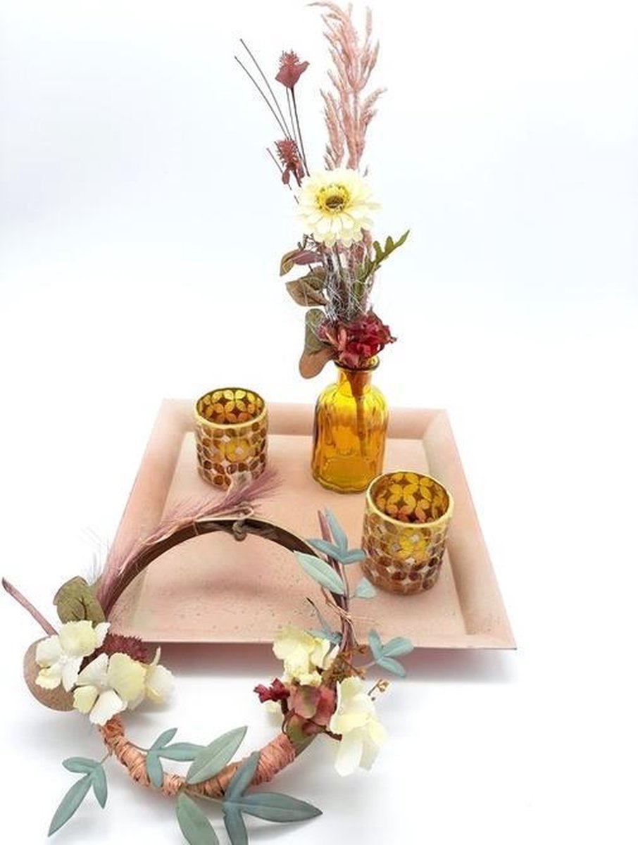 Vaas kunstbloemen-2 waxinelichthouders-Theelichthouder-Tafeldecoratie-Cadeau voor vrouw-Zijden bloemen -Krans-Schaal vierkant-Decoratieve accessoires-Cadeau idee-Woonaccessoires