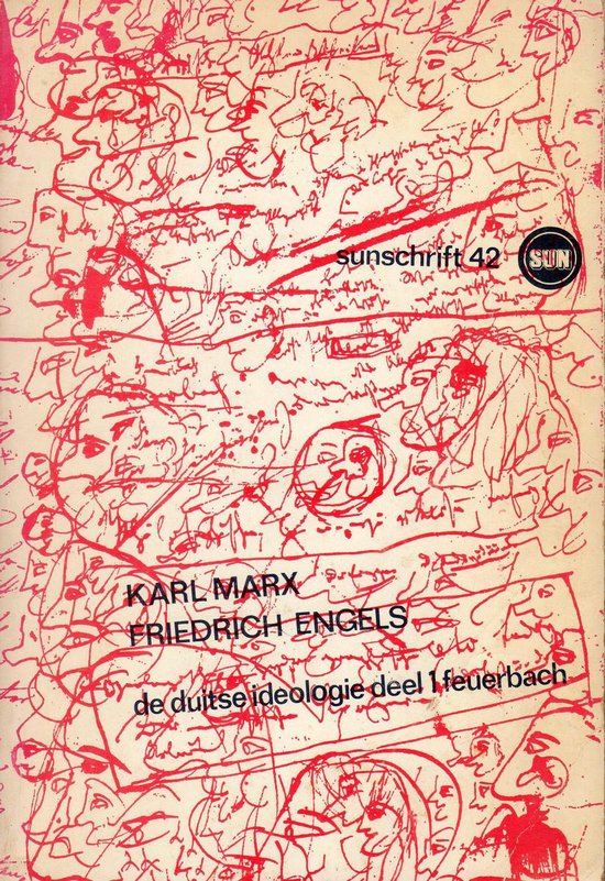 Couverture rouge et blanche avec calligraphie, visages et le texte "sun­schrift 42 SUN KARL MARX FRIEDRICH ENGELS de duitse ideologie deel 1 feuerbach".