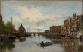 Kunst: Gezicht op de Schreierstoren in Amsterdam van Jacob Henricus Maris. Schilderij op canvas, formaat is 45x100 CM