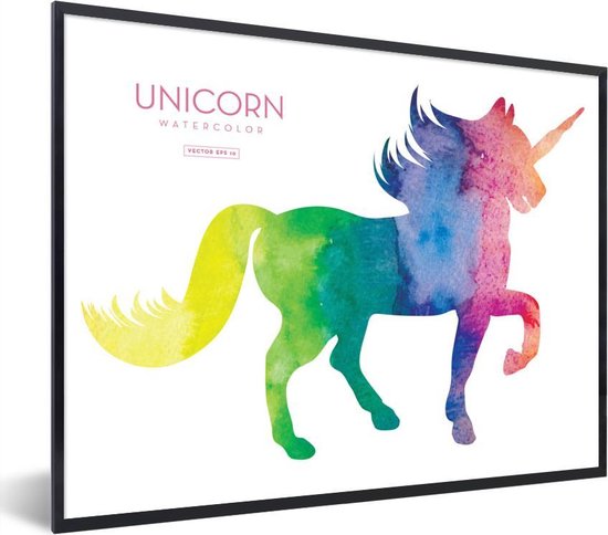 Image encadrée - Une illustration d'une licorne aux couleurs arc-en-ciel cadre photo noir 40x30 cm - Affiche encadrée (Décoration murale salon / chambre)