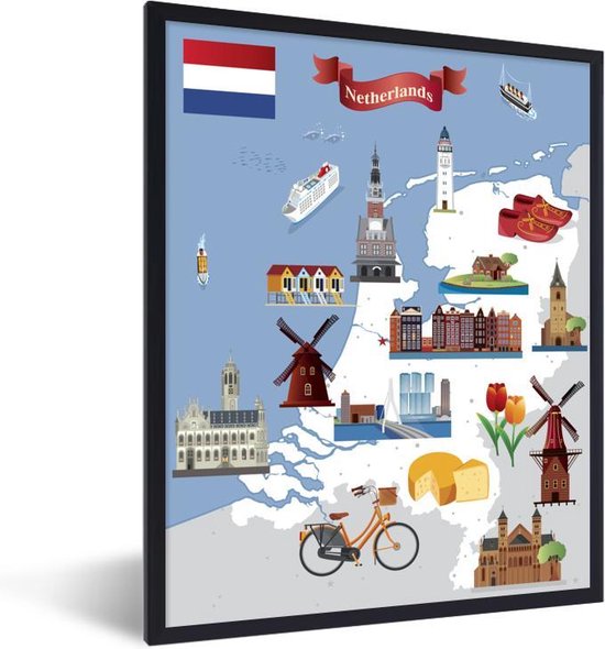 Fotolijst incl. Poster - Illustratie van een cartoonachtige kaart van Nederland - 60x80 cm - Posterlijst