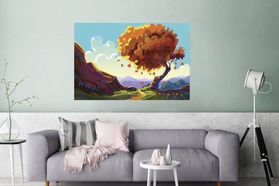 Une illustration d'un grand arbre avec un fond coloré poster 180x120 cm - Tirage photo sur Poster (décoration murale salon / chambre) / Poster Arbres XXL / Groot format!