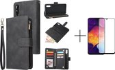 Luxe Telefoonhoesje voor Samsung Galaxy A70 | Hoogwaardig Leren Bookcase | Lederen Wallet Case | Luxe Uitstraling | Pasjeshouder 6 stuks | Portemonnee | Rits | Zwart + 1x screenpro