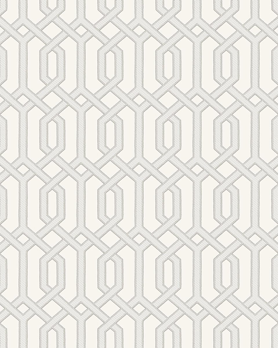 Grafisch behang Profhome BA220011-DI vliesbehang hardvinyl warmdruk in reliëf gestempeld met grafisch patroon en metalen accenten wit crèmewit zilver 5,33 m2