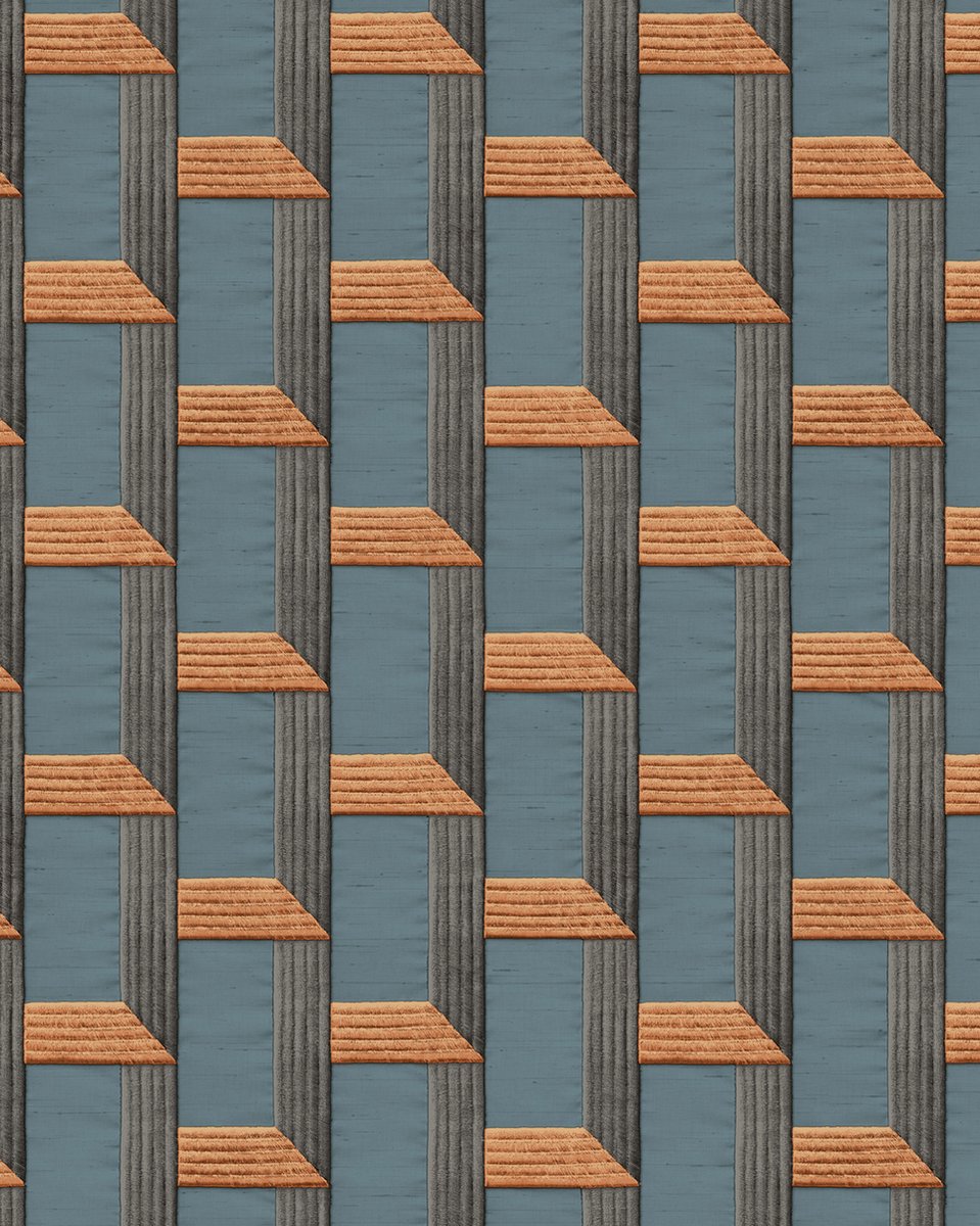 Grafisch behang Profhome DE120076-DI vliesbehang hardvinyl warmdruk in reliëf gestempeld met grafisch patroon en metalen accenten blauw petrol bronzen antraciet 5,33 m2