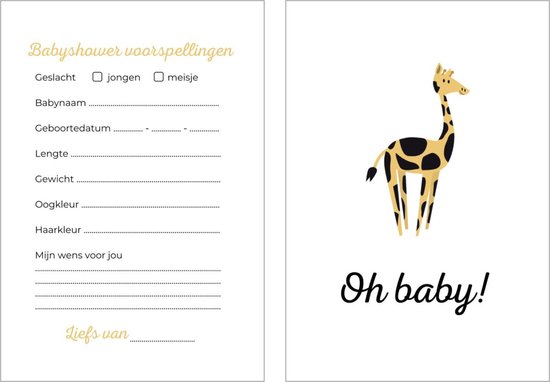 Babyshower invulkaarten 20 stuks | babyshower | babyshower voorspellingskaarten | babyshower kaarten | babyshower spelletjes | babyshower meisje| babyshower jongen | Giraffe