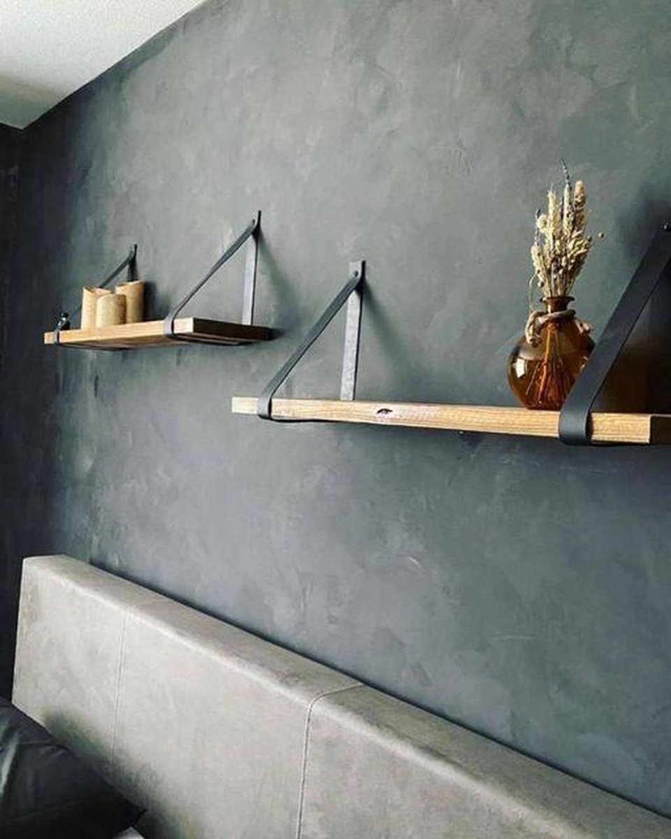 MeubelZwagerij Wandplank Steigerhout 98 cm met Groene leren Riemen