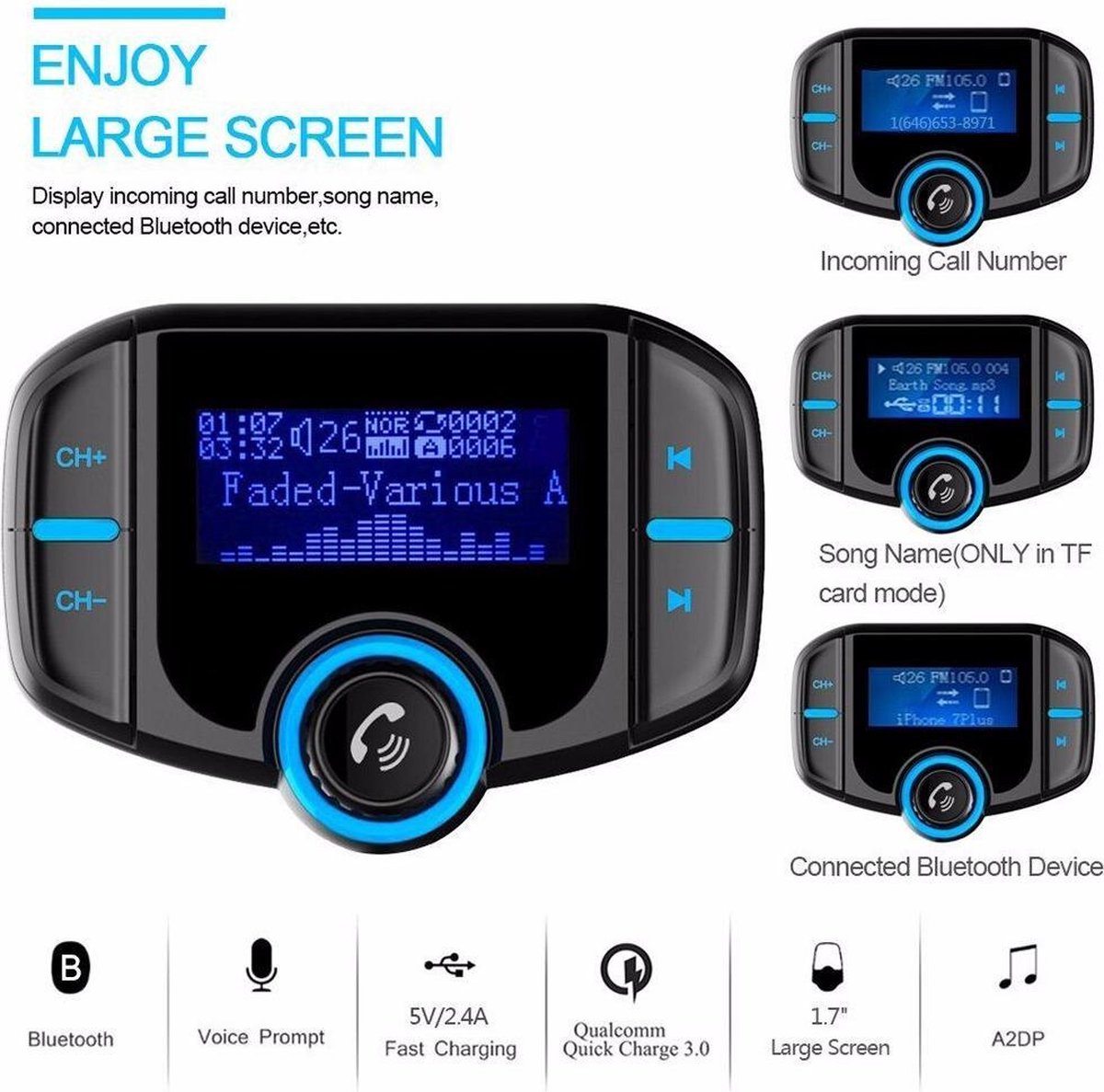 BT70 Smart Bluetooth 4.2 FMzender QC3.0 Snel opladen MP3muziekspeler