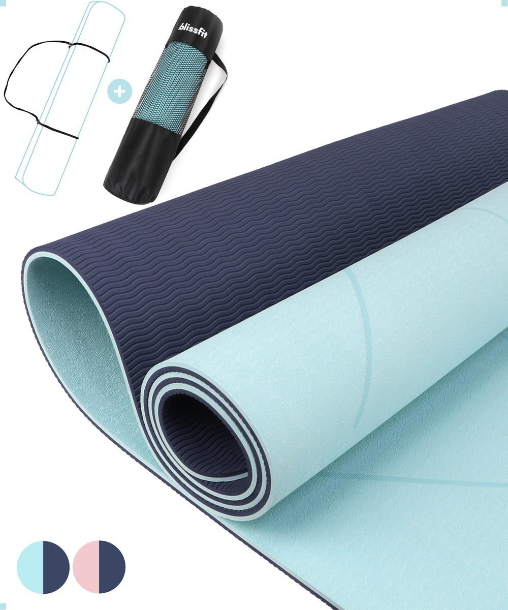 Yogamat met Tas, Draagriem & Video Oefeningen - Fitness mat extra dik (6mm) met Antislip - blauw - BLISSFIT