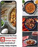 Een collage van receptfoto's en een smartphone met de Instant Pot Recipe App.