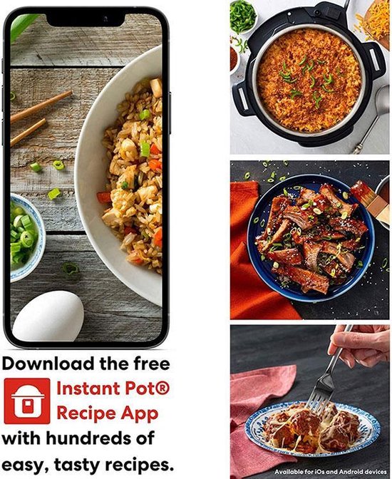 Een collage van receptfoto's en een smartphone met de Instant Pot Recipe App.