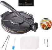 Top by Products Tortilla pers - Gietijzer - Ø20CM - Multifunctioneel - Tortilla maker - Hamburgers maker - Roti maker - Tortilla press - Incl. Gratis 100 vellen bakpapier - IJzeren tang - Sil