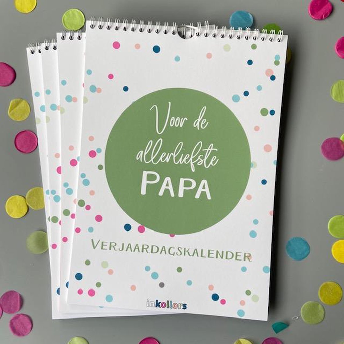 Verjaardagskalender - A4 - confetti - vrolijk - kalender - familiekalender - verjaardag - feest - inkollors - groen - papa - vader - cadeau - kado