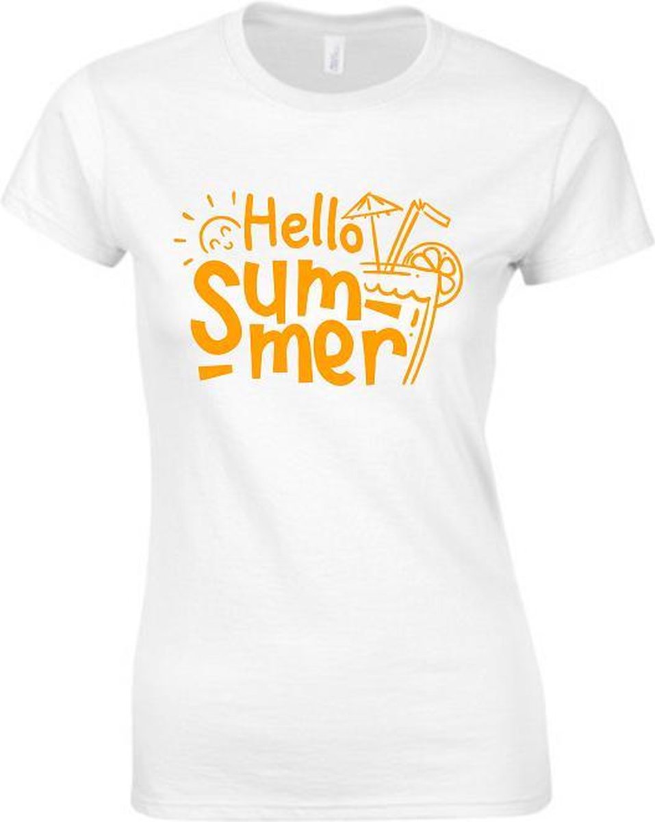 HELLO SUMMER Dames TSHIRT Neon tekst Zomer t-shirt- LARGE Oranje