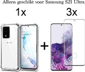 Samsung S21 Ultra Hoesje - Samsung Galaxy S21 Ultra hoesje shock proof case cover transparant - Full Glue Cover - 3x Samsung S21 Ultra screenprotector
