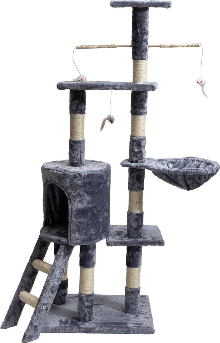 Dreamble - Kattenkrabpaal - Grijs – 144 cm - 4 Niveau's - met trap, 1 groot huis, 1 klein platform, 1 groot platform, ligmand, 3 speeltouwtjes en uitkijkplatform