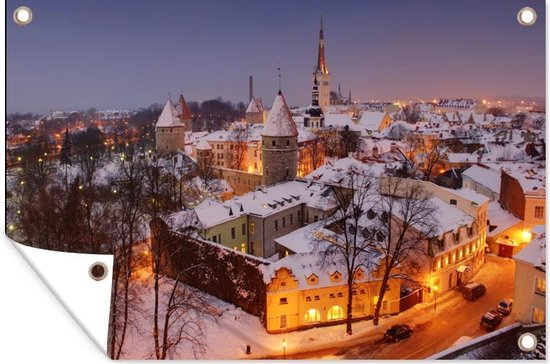 Tuindecoratie In het Stadshart van Tallinn ligt er sneeuw op de daken in de winter - 60x40 cm - Tuinposter - Tuindoek - Buitenposter