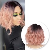 Roze Pruik Front Lace Wig - Bob - Golvend haar - Verstelbaar - Pruiken Dames - Roze - 30 cm