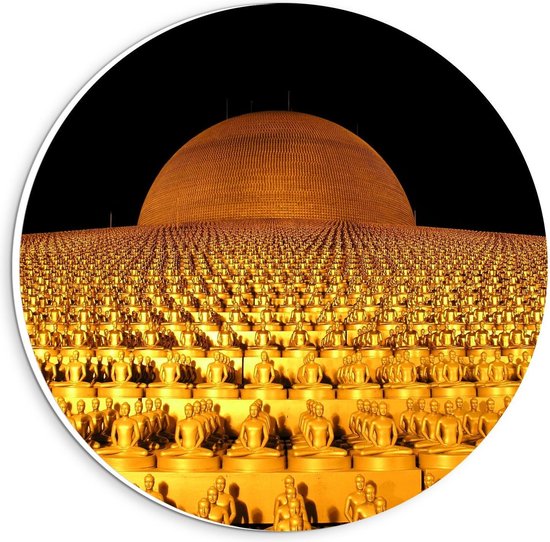 Forex Wandcirkel - Veel Gouden Boeddha's  - 20x20cm Foto op Wandcirkel (met ophangsysteem)