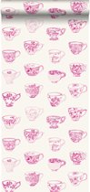ESTAhome behang kopjes en schoteltjes roze - 138154 - 53 cm x 10,05 m