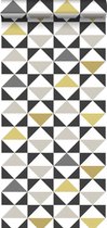 ESTAhome behang grafische driehoeken wit, zwart, grijs en okergeel - 139095 - 0.53 x 10.05 m