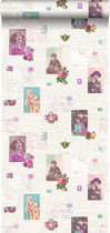 ESTAhome behangpapier vintage ansichtkaarten roze en turquoise - 138126 - 53 cm x 10,05 m