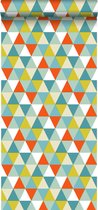 ESTAhome behang driehoekjes oranje, mintgroen en olijfgroen - 128708 - 53 cm x 10,05 m