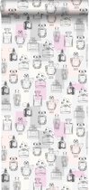 HD vliesbehang parfum flesjes lila paars, licht perzik roze, grijs en wit - 138856 van ESTAhome