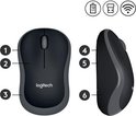 Zwarte en grijze Logitech M185 muis met genummerde kenmerken en pictogrammen voor batterijduur, ontvanger en wifi.